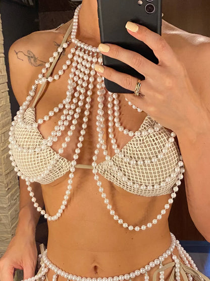 Women Luxury Pearls Halter Hollow Out See Through Bikini Swimsuit Bathing Tops