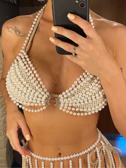 Women Luxury Pearls Halter Hollow Out See Through Bikini Swimsuit Bathing Tops