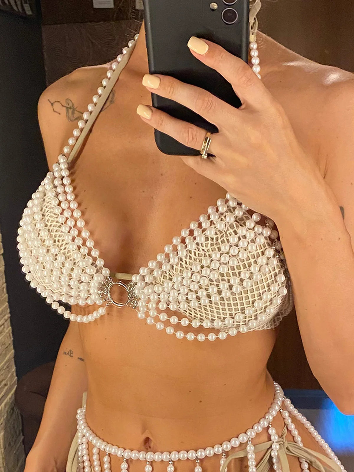 Women Luxury Pearls Halter Hollow Out See Through Bikini Swimsuit Bathing Tops