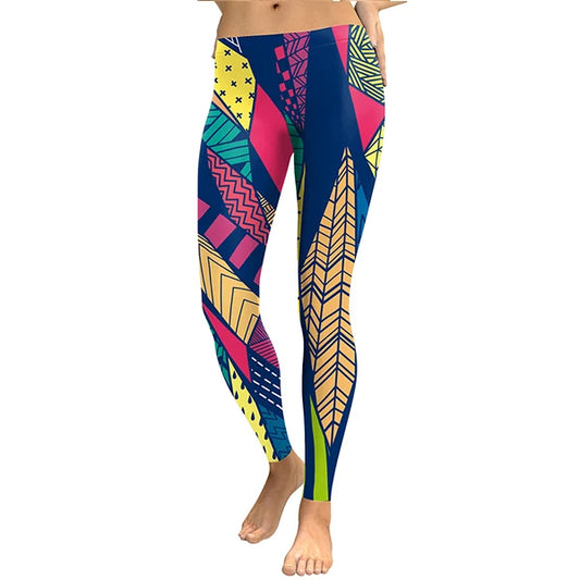 Women Fashion Geometry Pattern Leaves Digital Prints Pant Leggings