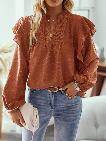 Women Ruffled Lantern Sleeve Lace Panel Shirt Tops Shirt