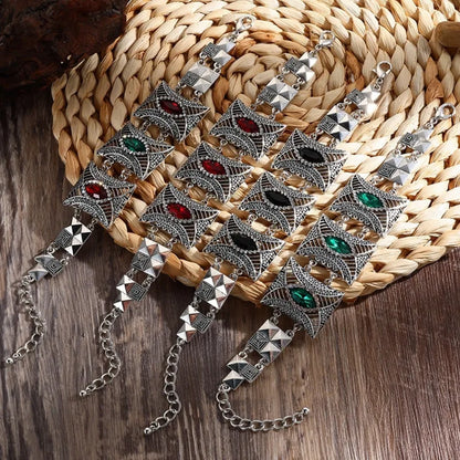 Women Ethnic Antique Silver Color Hollow Rhinestone Crystal Gems Bracelets