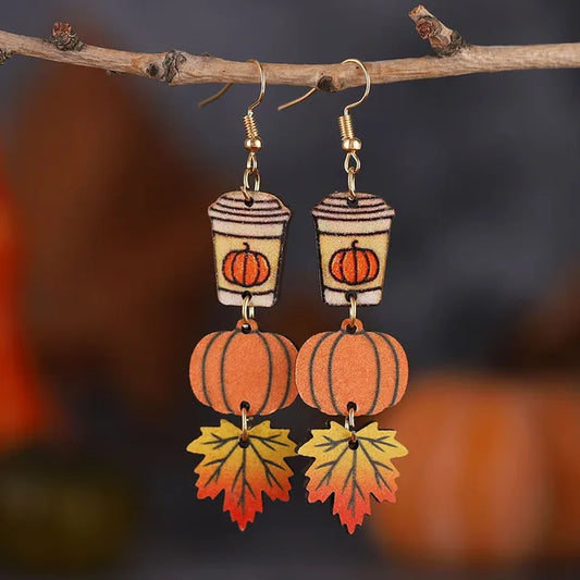 Women Pumpkin Maple Leaf Coffee Cup Bohemia Round Hollow Out Double Side Earrings