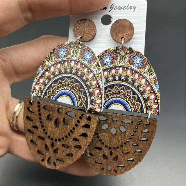 Bohemian Women Retro Ethnic Wooden Long Printed Hollow Earrings Gift