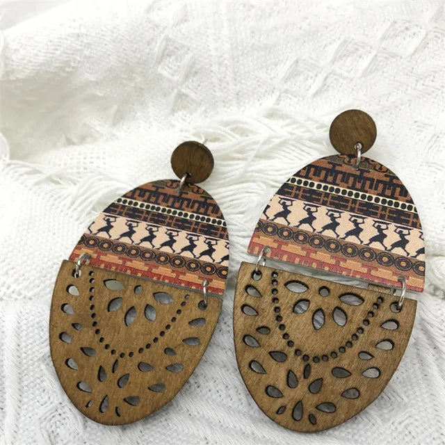 Bohemian Women Retro Ethnic Wooden Long Printed Hollow Earrings Gift