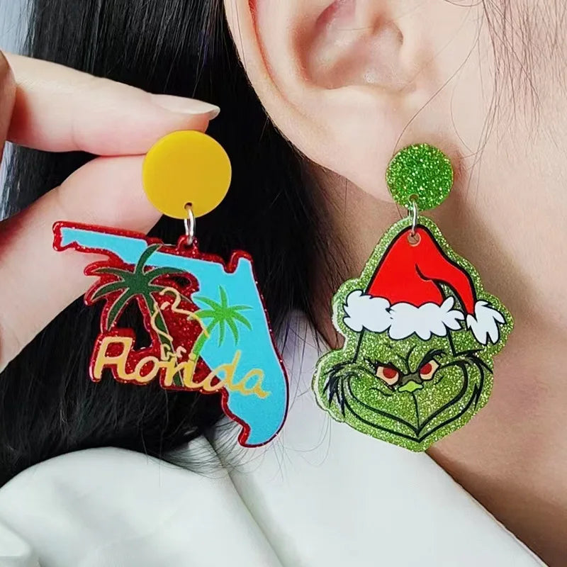 Women Geometry G.U.N Coconut Tree Christmas Hat Hair HO Leopard Pattern Rainbow Earrings