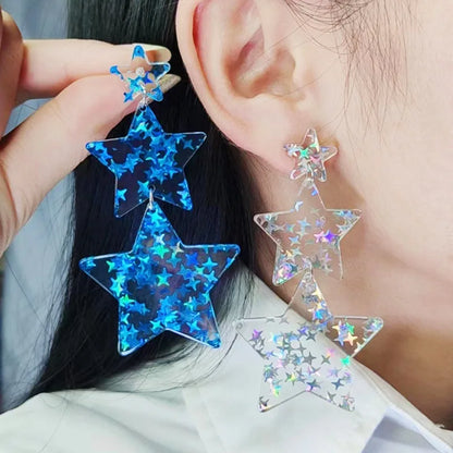 Women Colorful Star Triple Five Point Spliced Bohemian Shiny Earrings