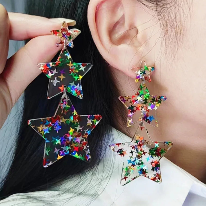 Women Colorful Star Triple Five Point Spliced Bohemian Shiny Earrings