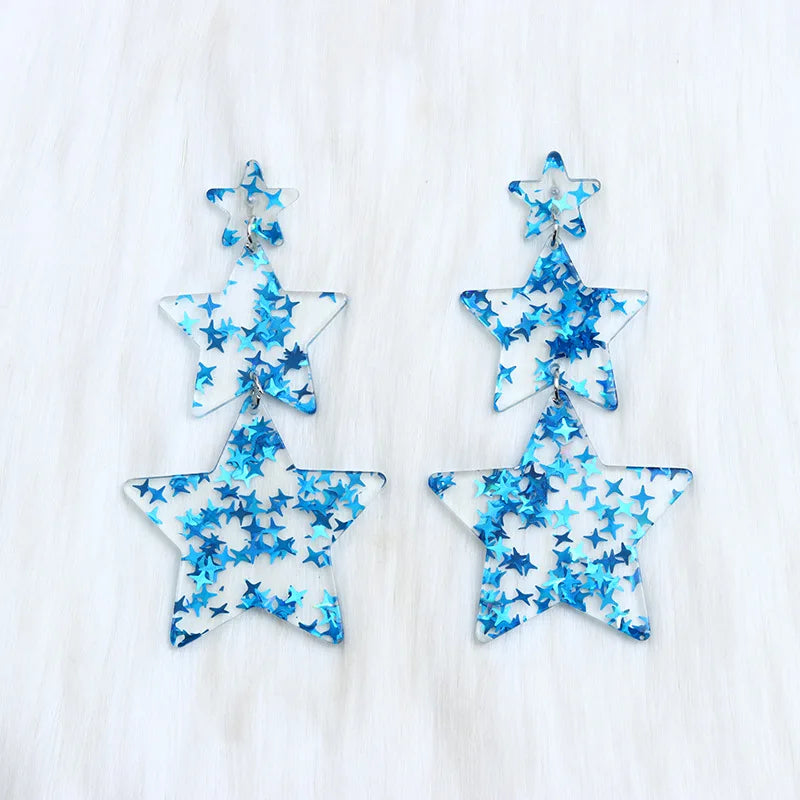 Women Colorful Star Triple Five Point Spliced Bohemian Shiny Earrings