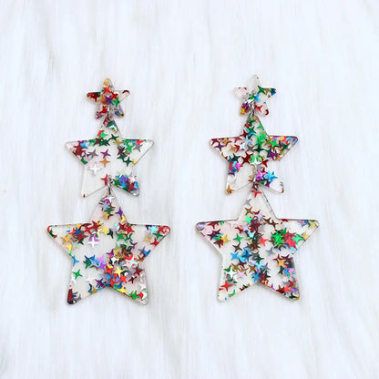 Women Colorful Star Triple Five Point Spliced Bohemian Shiny Earrings