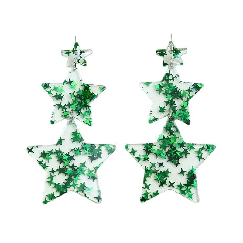 Women Colorful Star Triple Five Point Spliced Bohemian Shiny Earrings