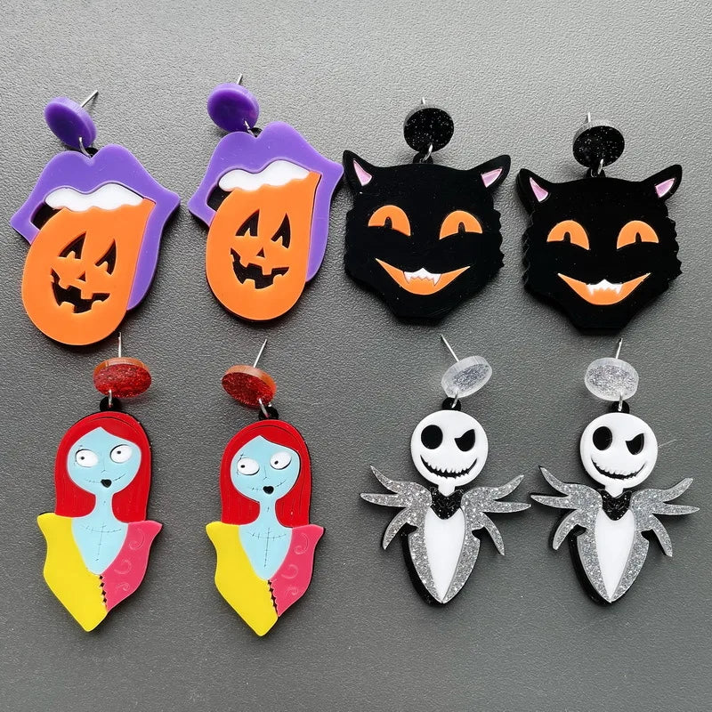 Women Halloween Cat Ghost Doll Skeleton Mouth Pumpkin Lips Tongue Earrings