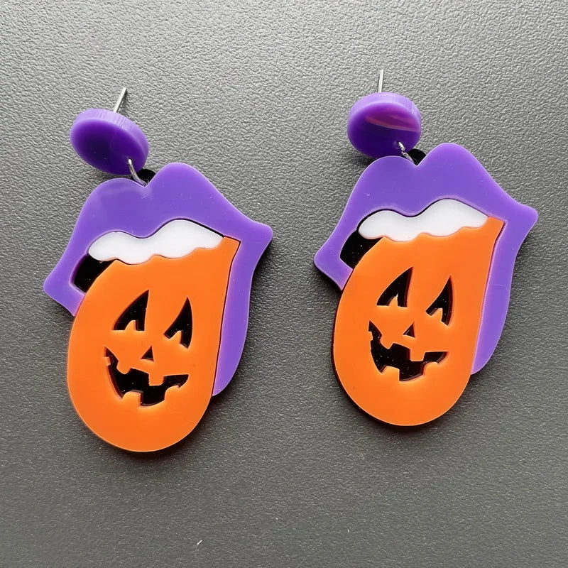 Women Halloween Cat Ghost Doll Skeleton Mouth Pumpkin Lips Tongue Earrings