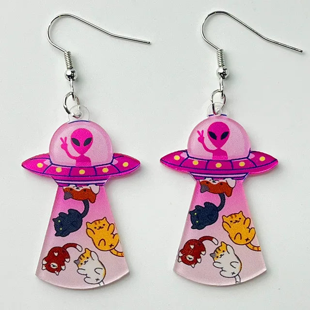 Women Funny Cat Pink Disco Laser Ball Moon Alien Spaceship Earrings