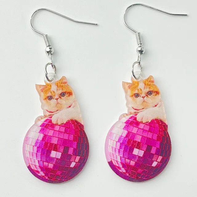 Women Funny Cat Pink Disco Laser Ball Moon Alien Spaceship Earrings