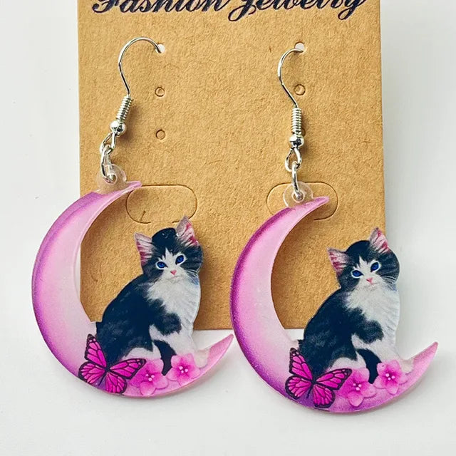 Women Funny Cat Pink Disco Laser Ball Moon Alien Spaceship Earrings