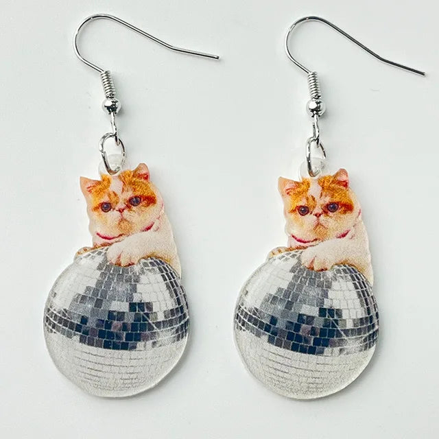 Women Funny Cat Pink Disco Laser Ball Moon Alien Spaceship Earrings