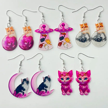 Women Funny Cat Pink Disco Laser Ball Moon Alien Spaceship Earrings