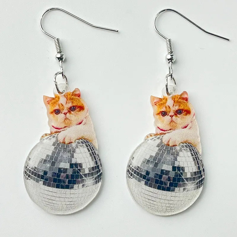 Women Funny Cat Pink Disco Laser Ball Moon Alien Spaceship Earrings