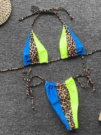 2pcs Women Leopard Patchwork Splicing Padded Bikini Swimwear Swimsuit Bathing Suit