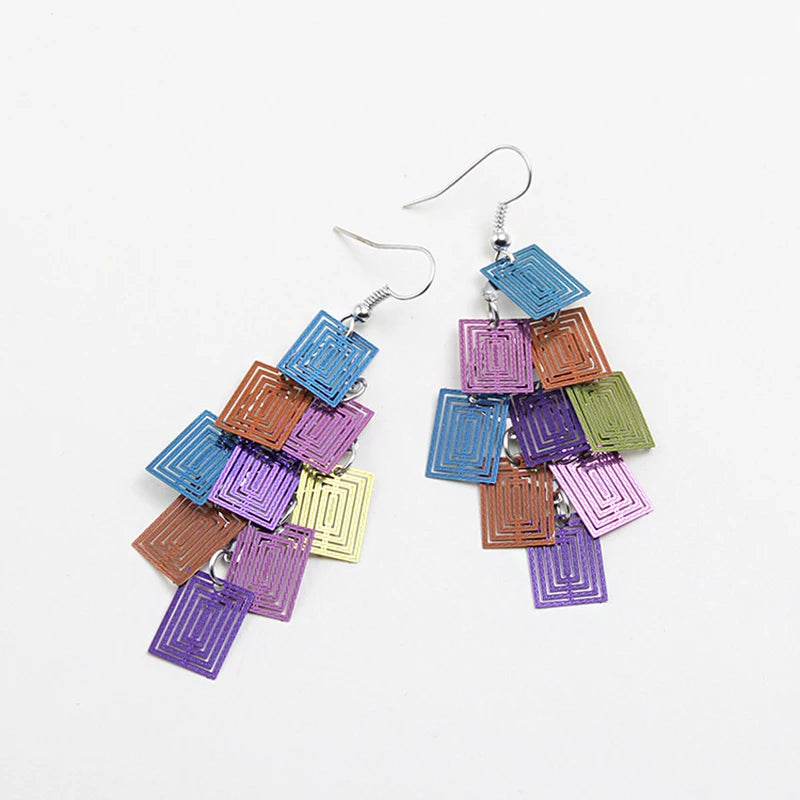 Women Fashion Geometry Square Mixed Color Bohemia Stylish Earrings