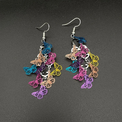 Women Obliquely Flying Butterfly Long Dangle Metal Mixed Color Earrings