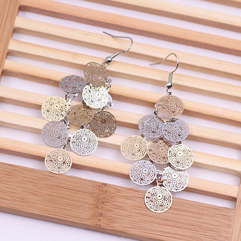 Women Fashion Round Flower Hollow Out Filigree Earrings