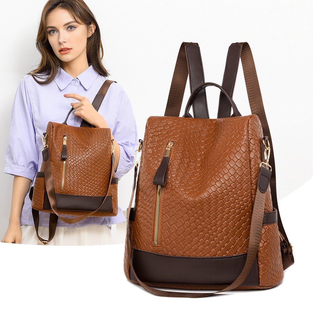 Women Soft Leather Fashion Woven Backpack Bag