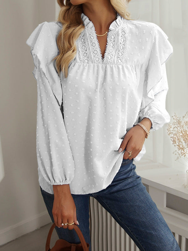 Women Ruffled Lantern Sleeve Lace Panel Shirt Tops Shirt