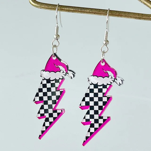 Women Christmas Santa Claus Tree Rugby Lightning Retro Earrings