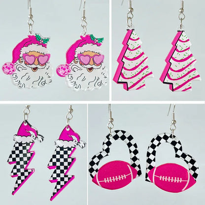 Women Christmas Santa Claus Tree Rugby Lightning Retro Earrings