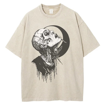 Men Punk Gothic Graphic Cotton Distressed Washed Loose Tees Tops Shirts