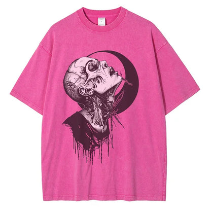 Men Punk Gothic Graphic Cotton Distressed Washed Loose Tees Tops Shirts