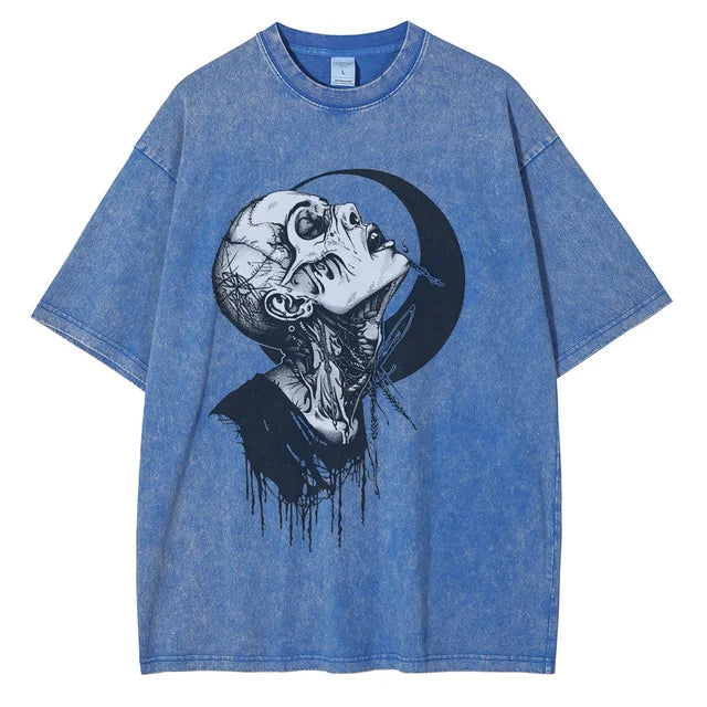 Men Punk Gothic Graphic Cotton Distressed Washed Loose Tees Tops Shirts