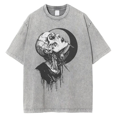 Men Punk Gothic Graphic Cotton Distressed Washed Loose Tees Tops Shirts