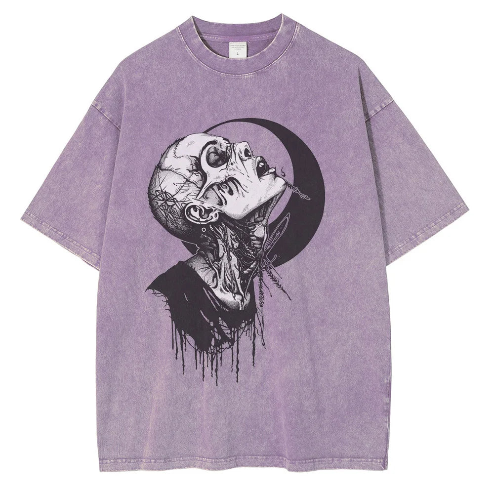 Men Punk Gothic Graphic Cotton Distressed Washed Loose Tees Tops Shirts