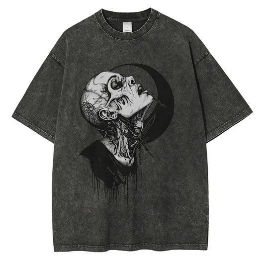 Men Punk Gothic Graphic Cotton Distressed Washed Loose Tees Tops Shirts