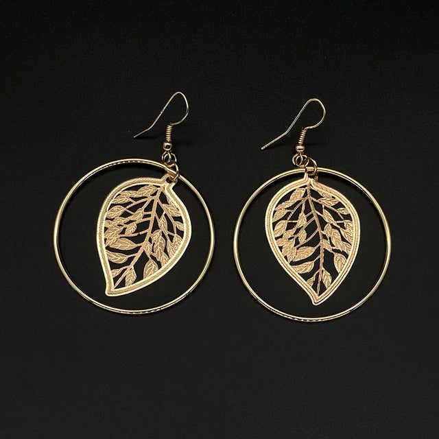 Fashion Round Circle Leaf Filigree Earrings