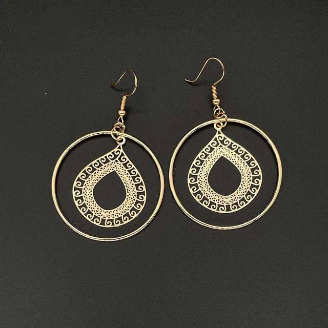 Fashion Round Circle Leaf Filigree Earrings