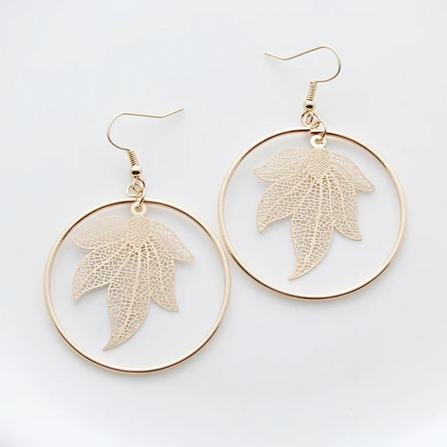 Fashion Round Circle Leaf Filigree Earrings