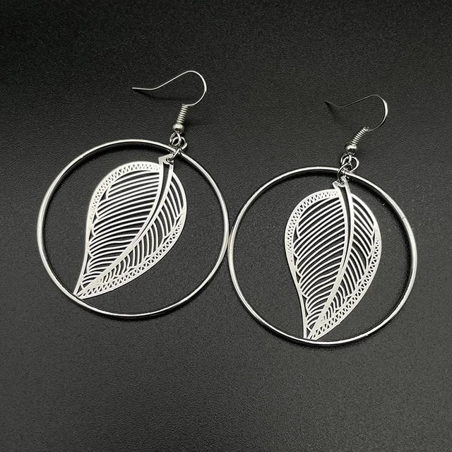 Fashion Round Circle Leaf Filigree Earrings