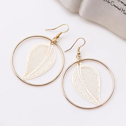 Fashion Round Circle Leaf Filigree Earrings