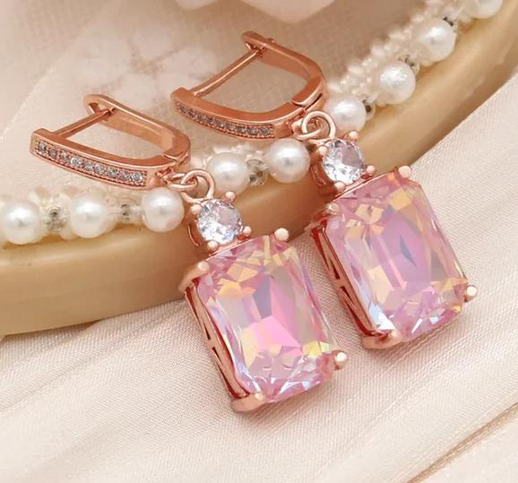 Women Fashion 585 Rose Gold Color Rectangle Crystal Wedding Cubic Zirconia Dangle Earrings