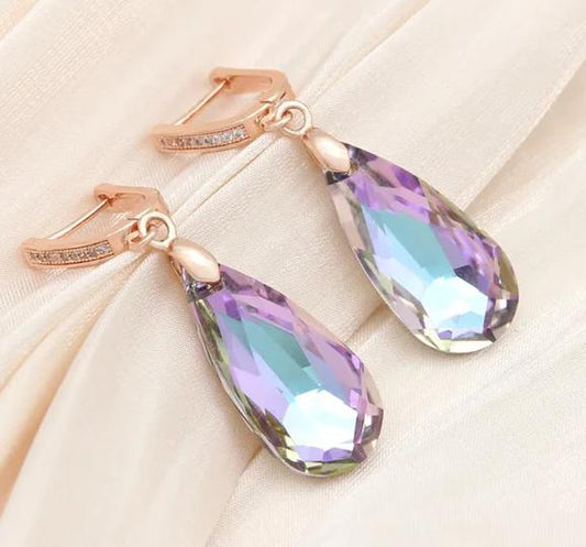Women Fashion 585 Rose Gold Color Water Drop Crystal Wedding Cubic Zirconia Dangle Earrings