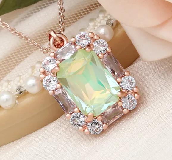 Women Fashion Rectangle Crystal 585 Rose Gold Color Wedding Cubic Zirconia Pendant Necklace