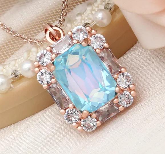 Women Fashion Rectangle Crystal 585 Rose Gold Color Wedding Cubic Zirconia Pendant Necklace
