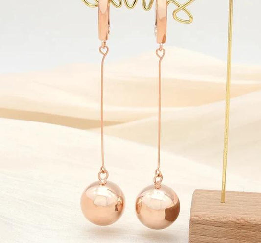 Women Fashion Rose Gold Color Long Smooth Round Spherical Dangle Earrings