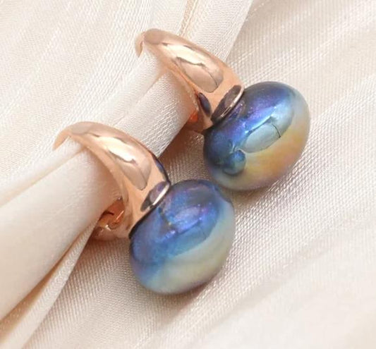 Women Fashion Round Colorful Simulated- Pearl 585 Rose Gold Wedding Dangle Earrings