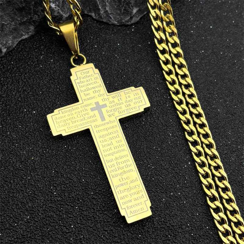 Men Stainless Steel Christian Bible Cross Religious Prayer Chain Big Pendant Necklace