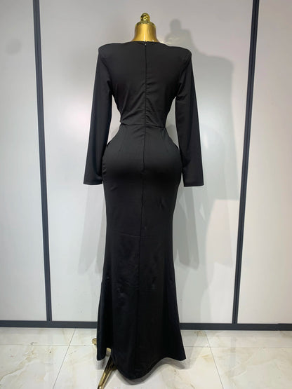 Black Diamond Bodycon Maxi Sexy Deep V Neck Long Sleeves Runway Party Evening Dress